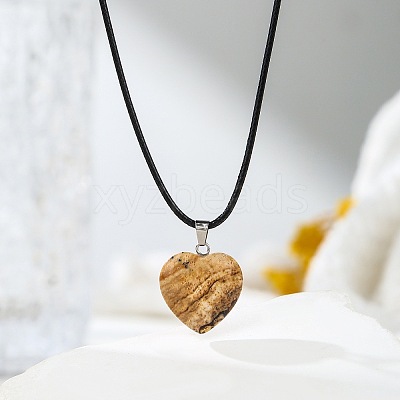 Natural Picture Jasper Heart Pendant Black Cord Necklaces NI9317-15-1