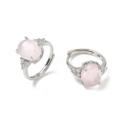Brass Micro Pave Cubic Zirconia with Natural Rose Quartz Cuff Open Rings RJEW-T035-01P-L-1