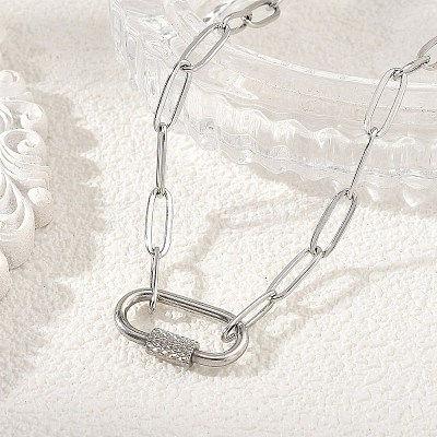 304 Stainless Steel Paperclip Chain Necklaces with Screw Carabiner Lock Charms NJEW-JN06389-1