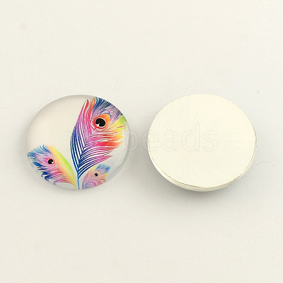 Feather Pattern Flatback Half Round Glass Dome Cabochons X-GGLA-R026-12mm-26-1