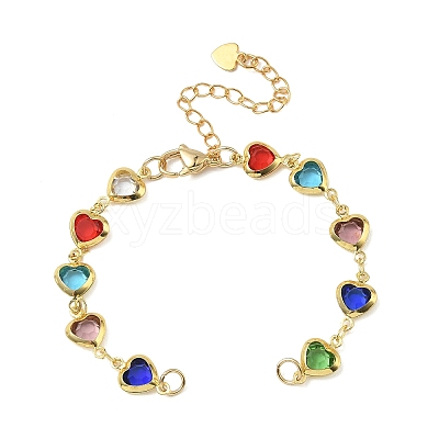 Brass Glass Colorful Heart Link Chain Bracelet Making AJEW-JB01629-1