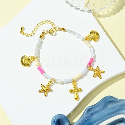 Starfish & Cross & Shell Alloy Charm Bracelet BJEW-FS00015-1