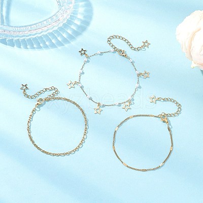 Round ABS Imitation Pearl Beaded Chains & 304 Stainless Steel Cable Chains Stackable Bracelets for Women BJEW-JB12452-02-1