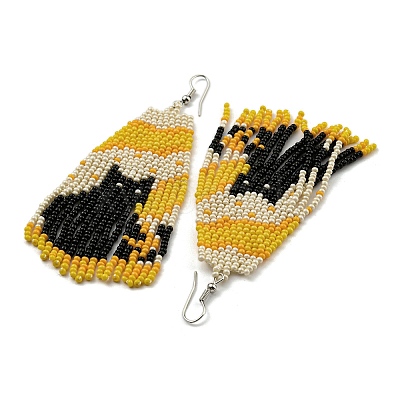Boho Seed Bead Halloween Black Cat Tassel Earrings EJEW-Q380-05-1