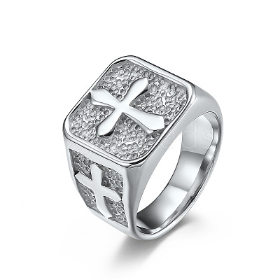 Square with Cross Pattern 304 Stainless Steel Finger Rings for Men FS-WGAC6B1-01-1