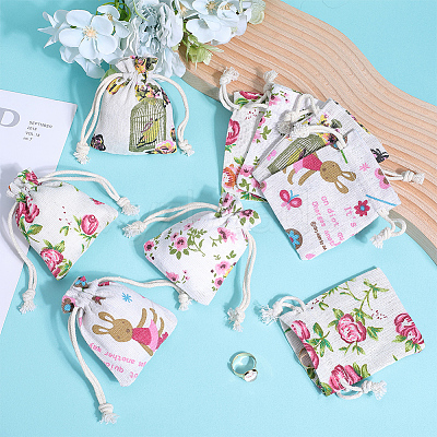 4 Styles Flower Print Burlap Packing Pouches ABAG-BBC0001-03A-1