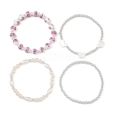 4Pcs 4 Styles Printed Porcelain Beads & Synthetic Hematite Beads & Shell Beads & ABS Plastic Pearl Stretch Bracelets Sets for Women BJEW-JB14203-02-1