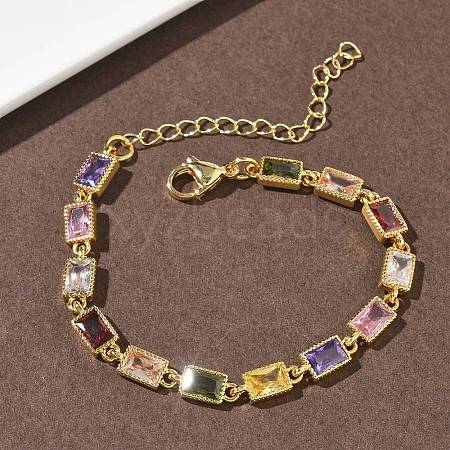 Rectangle Brass Pave Cubic Zirconia Link Chain Bracelets for Women BJEW-P385-05G-1