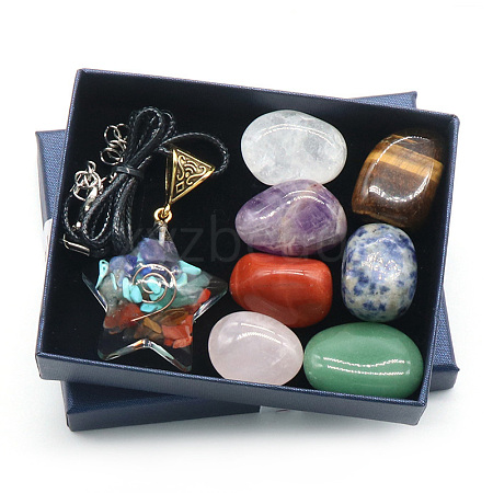 7 Chakra Tumbled Stone & Star Pendant Necklace Mixed Natural Gemstone Healing Stones Set X1-PW-WG21137-01-1