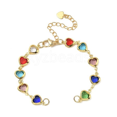 Brass Glass Colorful Heart Link Chain Bracelet Making AJEW-JB01629-1