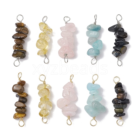 10Pcs 5 Styles Constellation Natural Aquamarine & Citrine & Dyed Blue Tiger Eye & Citrine & Tiger Eye Copper Wire Wrapped Chip Beaded Connector Charms PALLOY-JF02905-08-1