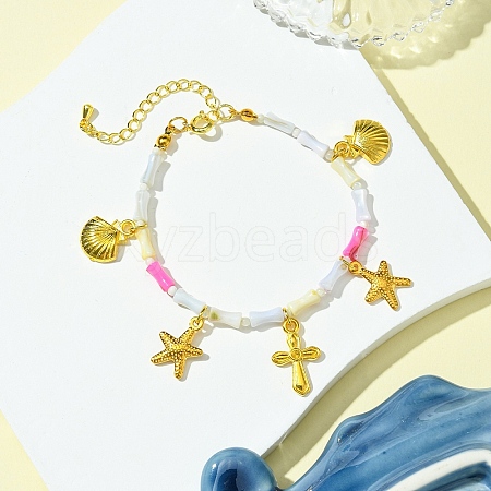 Starfish & Cross & Shell Alloy Charm Bracelet BJEW-FS00015-1