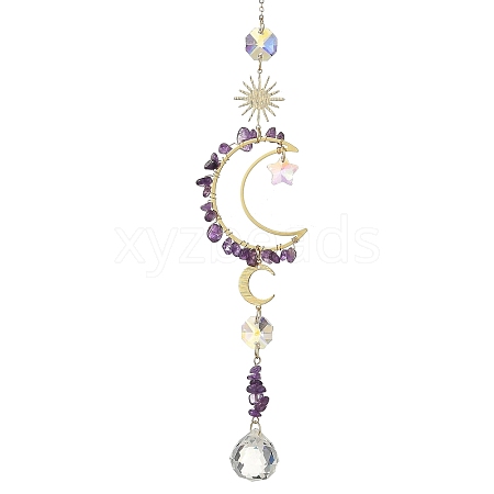 Natural Amethyst & Star Glass Beaded Suncatcher with Brass Sun Moon Charm HJEW-JM05016-02-1
