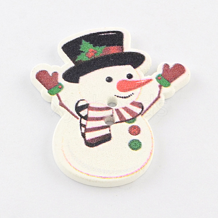2-Hole Christmas Snowman Printed Wooden Sewing Buttons X-BUTT-Q034-10-1