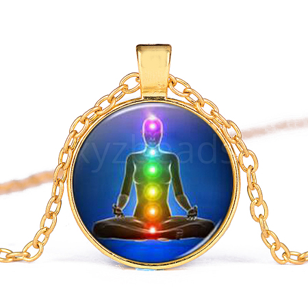 Chakra Theme Yoga Human Glass Pendant Necklace CHAK-PW0001-022C-1
