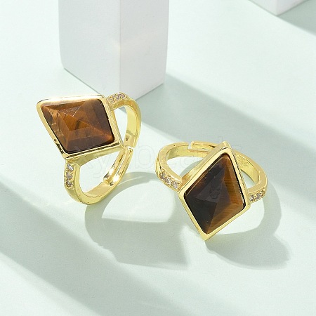 Rhombus Natural Tiger Eye Finger Rings RJEW-B113-01G-04-1