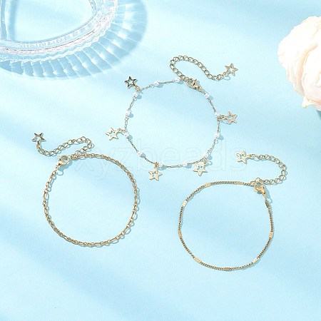 Round ABS Imitation Pearl Beaded Chains & 304 Stainless Steel Cable Chains Stackable Bracelets for Women BJEW-JB12452-02-1