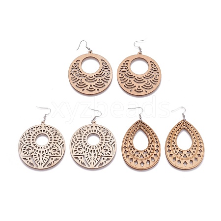 Laser Cut Wood Dangle Earrings EJEW-JE02992-M-1