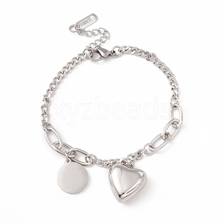 Non-Tarnish Heart & Flat Round Stainless Steel Charm Bracelet for Women STAS-P304-30P-1