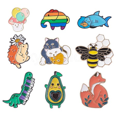 9Pcs 9 Style Fox & Bee & Elephant & Dinosour & Mushroom & Avocado Enamel Pin JEWB-SZ0001-71-1