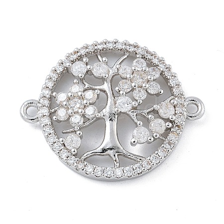 Rack Plating Brass Clear Cubic Zirconia Flat Round with Tree Connector Charms KK-A234-033P-1