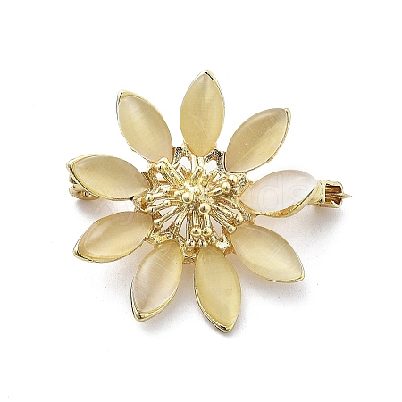 Flower Alloy & Glass Cat Eye Brooches JEWB-C037-02G-1