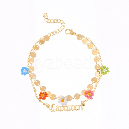 Constellation Alloy & Glass Seed Beads Double Layer Colorful Flower Anklets PW-WGA6E00-07-1