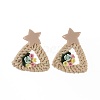 Handmade Reed Cane & Porcelain Dangle Earrings Studs EJEW-JE03077-02-1