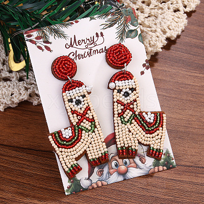 Christmas Plastic Seed Beads & Cloth Dangle Stud Earrings FS-WG8935B-02-1