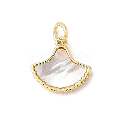Brass Pave Natural White Shell Fan Charms with Jump Rings KK-S522-17G-1