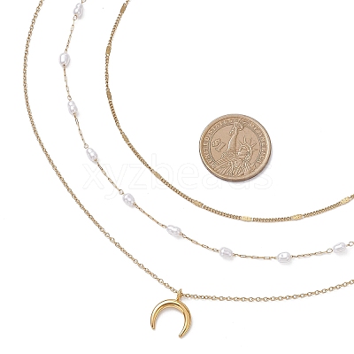 304 Stainless Steel Pendant 316 Surgical Stainless Steel & Plastic Pearl Paperclip Chain 3 Layer Necklaces for Women NJEW-JN05471-02-1