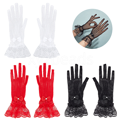 3 Pairs 3 Color Flower Pattern Lace Gloves AJEW-GA0006-17-1