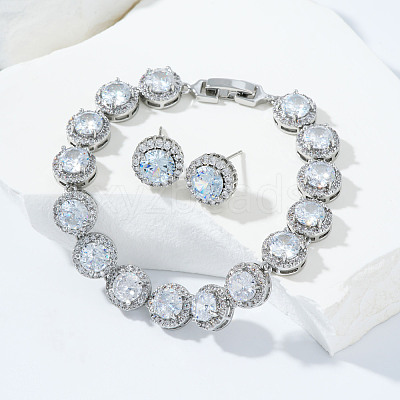 Vintage Elegant Brass Cubic Zirconia Stud Earring & Bracelets Set HH8827-4-1