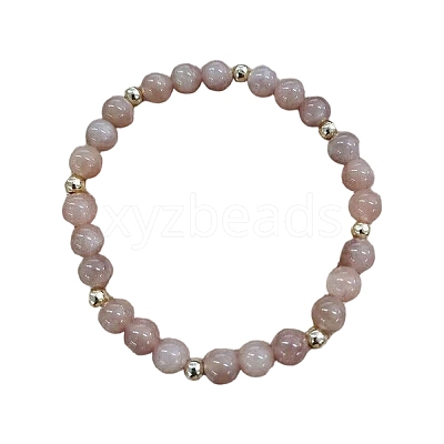 Round Natural Sunstone & Brass Beads Stretch Bracelets for Women UX1023-3-1
