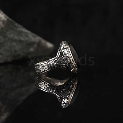 Oval Natural Dyed & Heated Black Agate Finger Rings PW-WG03CB0-02-1