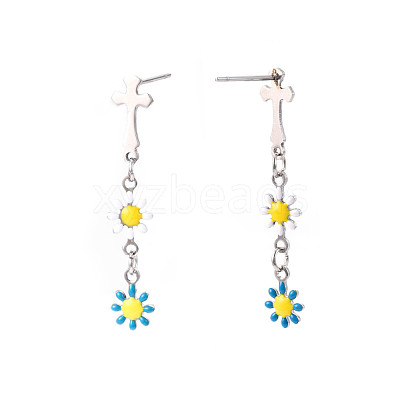 Cross with Flower Enamel Long Dangle Stud Earrings EJEW-N049-01A-1