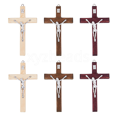6Pcs 3 Colors Religion Cross Wood Big Pendants WOOD-DC0001-18-1