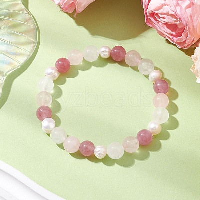 Natural Rose Quartz & Strawberry Quartz & Pearl Round Beaded Stretch Bracelets for Women BJEW-JB11041-05-1