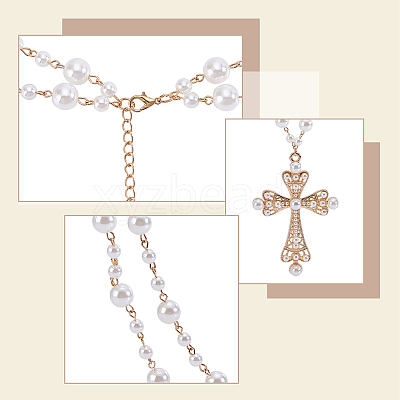 2Pcs 2 Colors Alloy and Imitation Pearl Cross Big Pendant Double-Layer Link Chain Necklaces for Women NJEW-AR0001-09-1