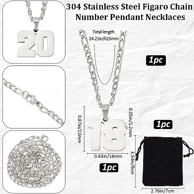 1Pc 304 Stainless Steel Figaro Chain Number Pendant Necklaces NJEW-BBC0001-28B-P-1