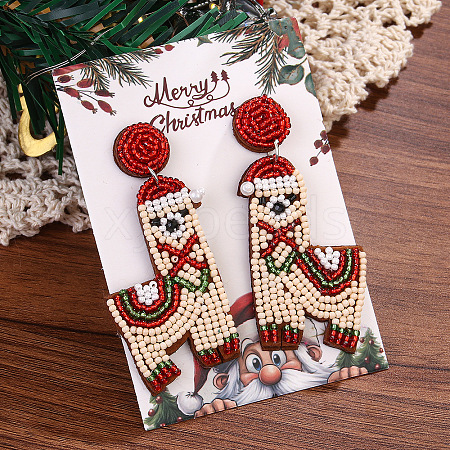 Christmas Plastic Seed Beads & Cloth Dangle Stud Earrings FS-WG8935B-02-1