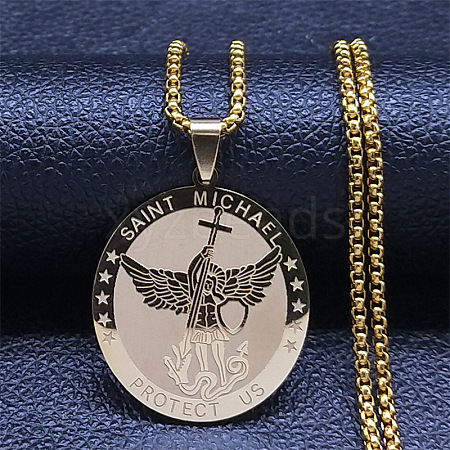 304 Stainless Steel Archangel Saint Michael Medal Pendant Box Chain Necklaces for Women NJEW-S440-01G-1