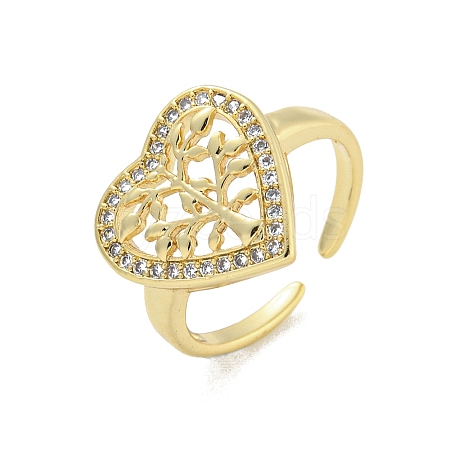 Rack Plated Brass Micro Pave Clear Cubic Zirconia Heart with Tree Open Cuff Ring for Women RJEW-Z039-01G-1