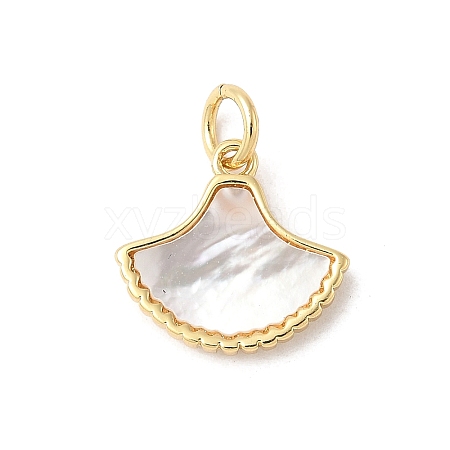 Brass Pave Natural White Shell Fan Charms with Jump Rings KK-S522-17G-1