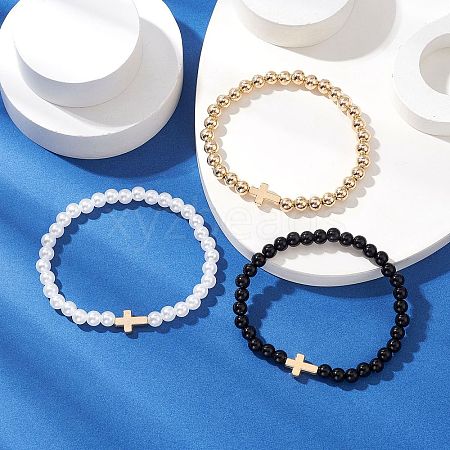 3Pcs 3 Styles CCB Plastic Beads & Opaque Acrylic Beads & ABS Plastic Imitation Pearl Round Beads Stretch Bracelet Set BJEW-JB11605-1