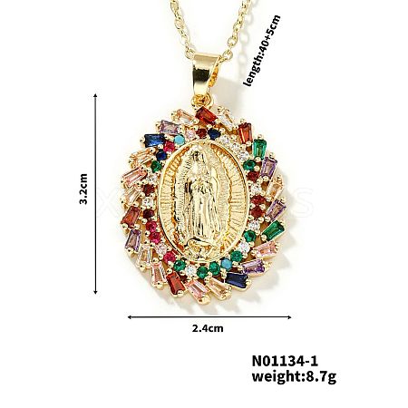 Golden Tone Brass Pave Cubic Zirconia Virgin Mary Pendant Necklaces OP0194-1-1