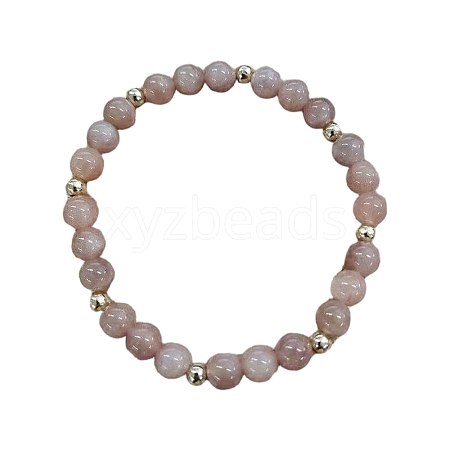 Round Natural Sunstone & Brass Beads Stretch Bracelets for Women UX1023-3-1