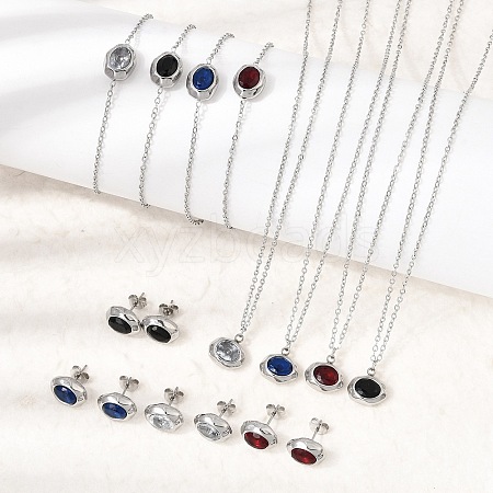 304 Stainless Steel & Cubic Zirconia Stud Earrings & Pendant Necklaces & Link Bracelets Sets SA-CBADCF0-02P-1