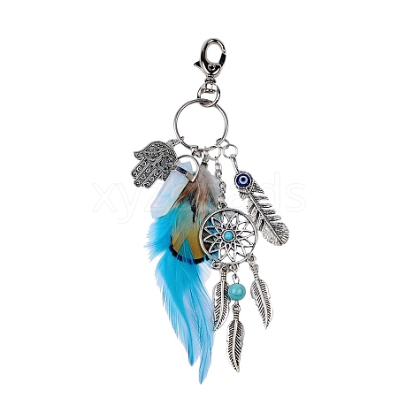 Bohemian Woven Net/Web with Feather Alloy Pendant Decorations with Opalite Bullet Charm and Hamsa Hand/Hand of Miriam Charms BOHO-PW0001-067A-1