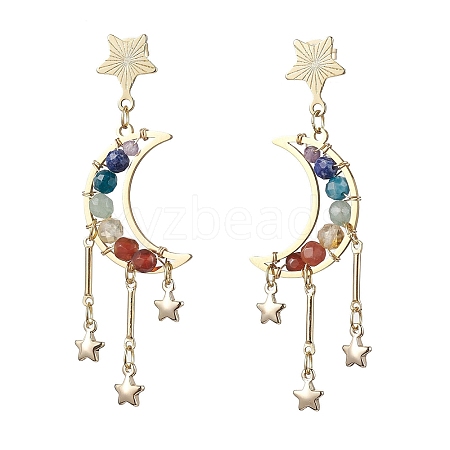 Chakra Moon Copper Wire Wrapped Gemstone Stud Earring EJEW-TA00484-1